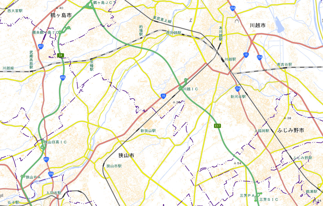 川越IC―三芳PAの周辺（国土地理院HPより）