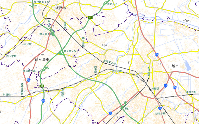 鶴ケ島JCT―桶川北本ICの周辺（国土地理院HPより）