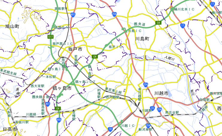 鶴ケ島JCT―桶川北本ICの広域地図（国土地理院HPより）