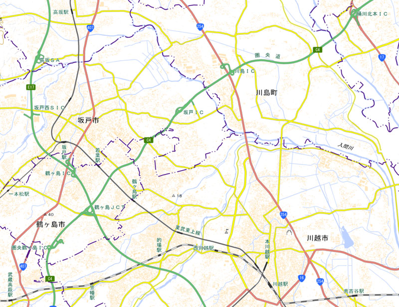 鶴ケ島JCT―桶川北本ICの周辺（国土地理院HPより）