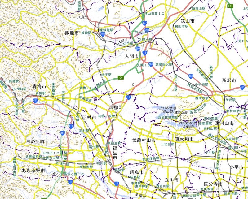 狭山日高IC―あきる野ICの周辺（国土地理院HPより）