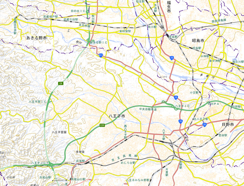 あきる野IC―八王子JCTの周辺（国土地理院HPより）