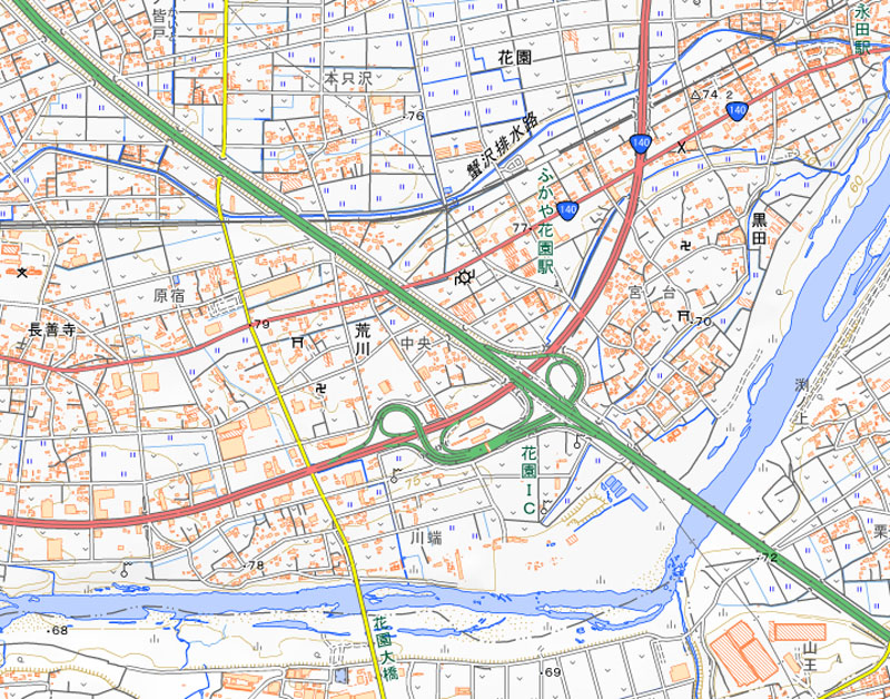 深谷市荒川の周辺（国土地理院HPより）