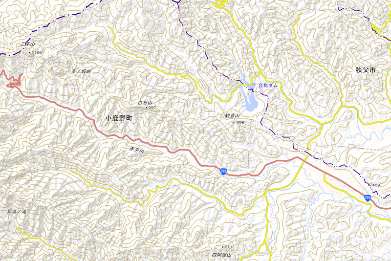 小鹿野町三山付近（地図中央付近）＝国土地理院HPから