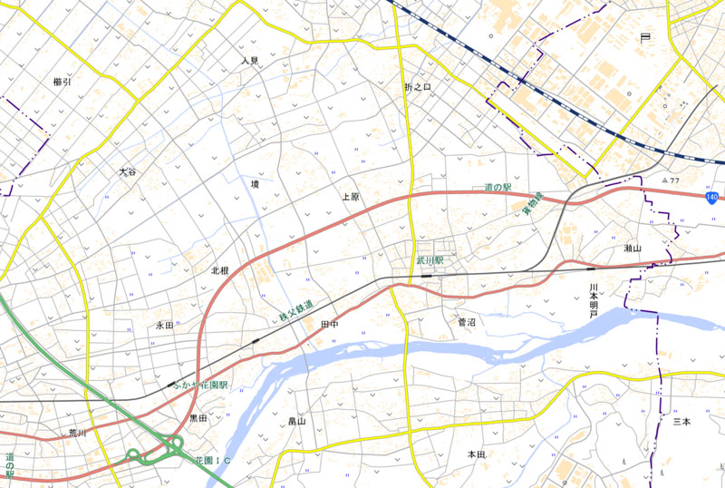 深谷市上原の周辺（国土地理院HPより）