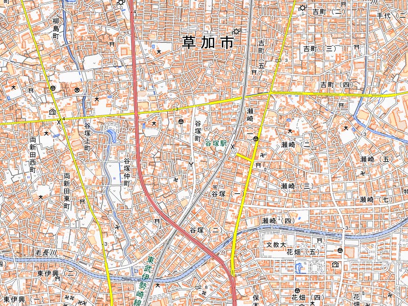 草加市谷塚町周辺の地図（国土地理院HPより）