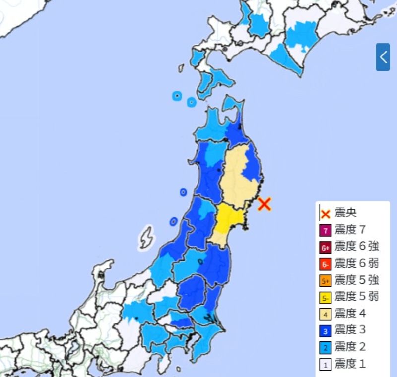 震源と震度分布（気象庁HPから）
