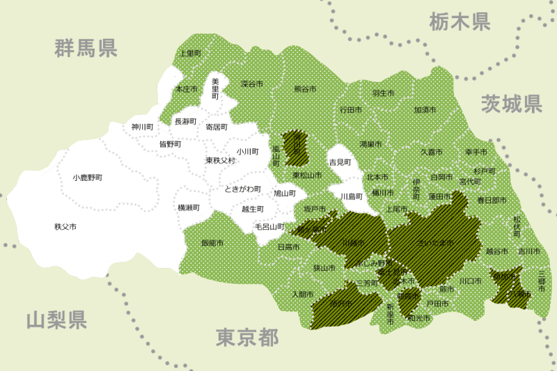 県内市町村の人口増減。斜線の自治体は増加。水玉模様は減少率0～5％、白地は5％超