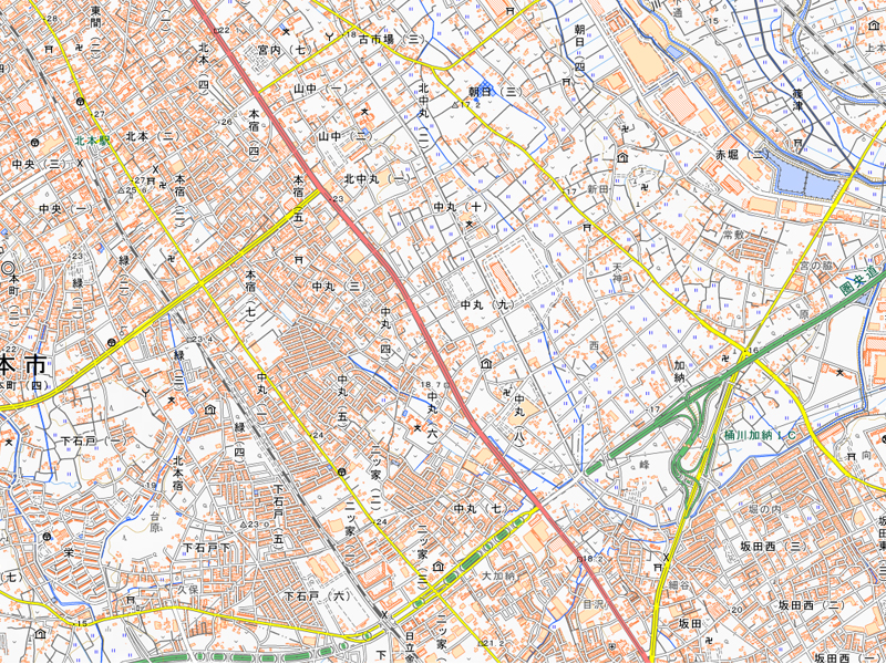 北本市中丸9丁目周辺の地図（国土地理院HPより）