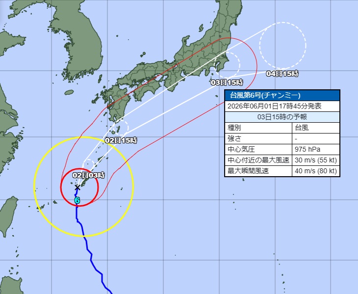 台風の経路図（1日午後5時半、気象庁HPから）