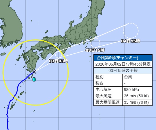 台風の経路2日午後6時