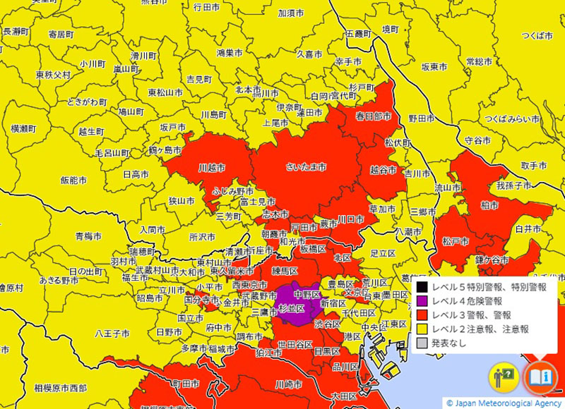 レベル3大雨警報が発表されているエリア。都内にレベル4危険警報のエリアもある（気象庁HPより）