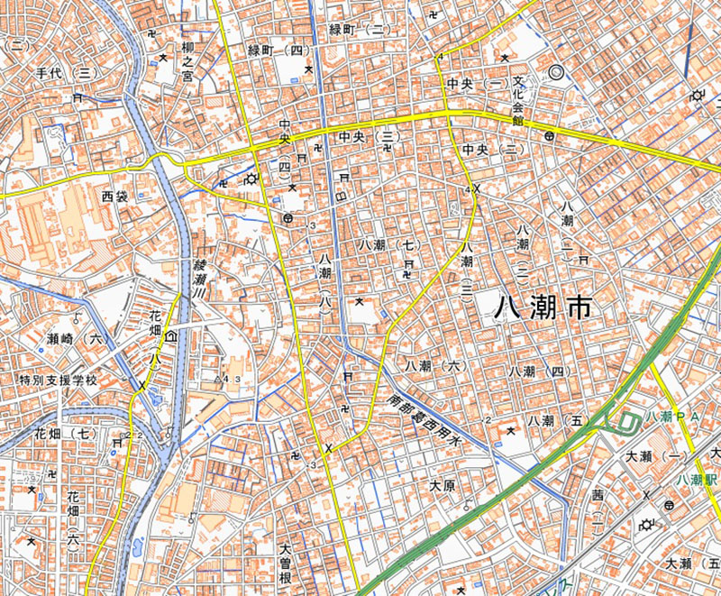 八潮市の停電エリア周辺（国土地理院HPより）