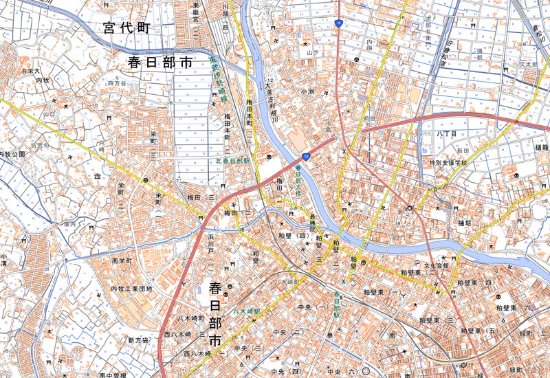 春日部市梅田の位置（国土地理院HPより）
