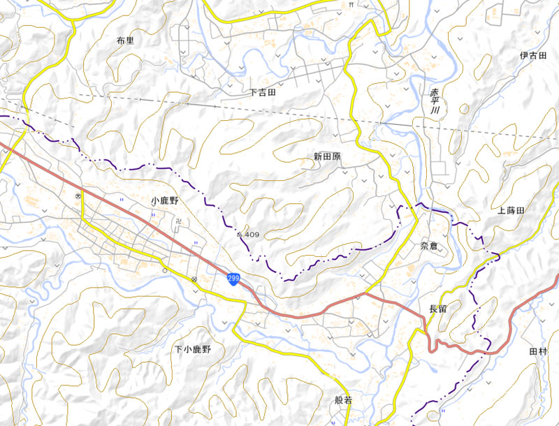 秩父市下吉田と小鹿野町下小鹿野の周辺（国土地理院HPより）