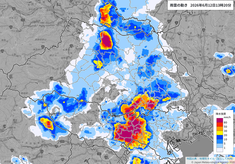 雨雲の動き、12日午後1時20分現在（気象庁HPより）