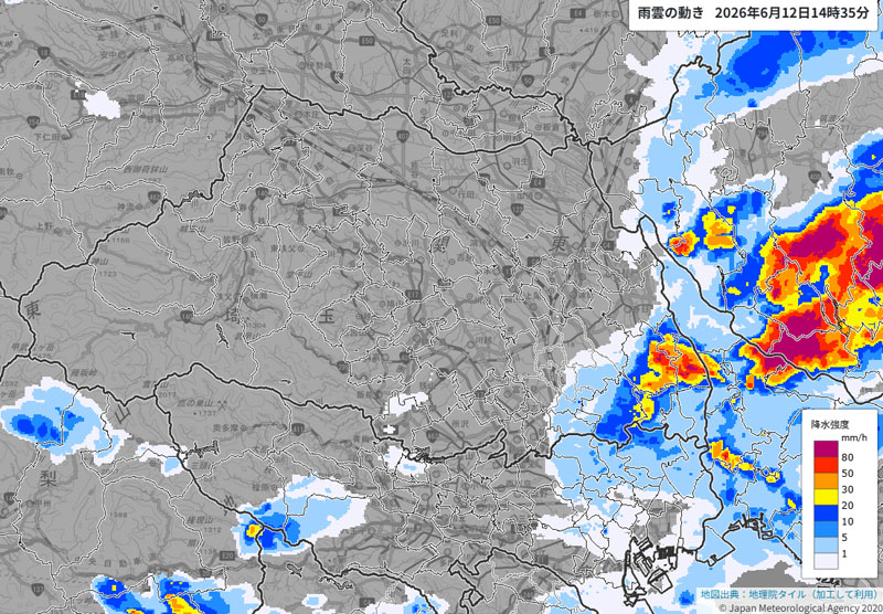 雨雲の動き、12日午後2時35分現在（気象庁HPより）