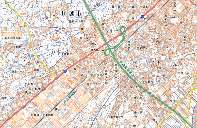 川越市南台2丁目、3丁目の周辺（国土地理院HPより）