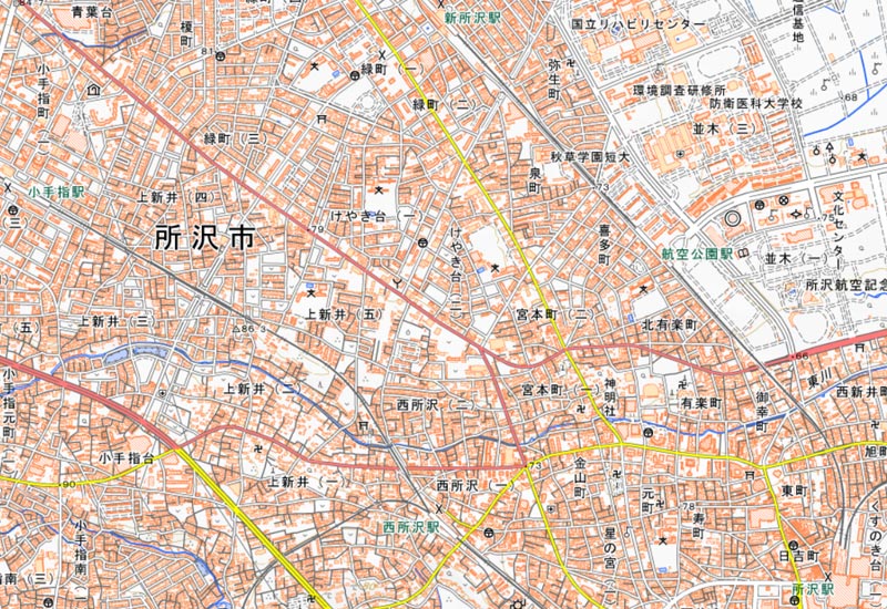所沢市宮本町2丁目から同市けやき台1丁目周辺の地図（国土地理院HPより）