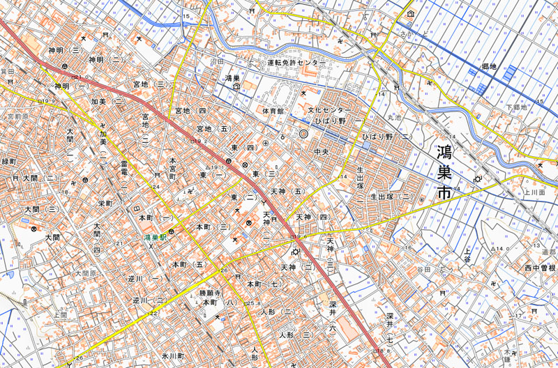 鴻巣市東2丁目の周辺（国土地理院HPより）