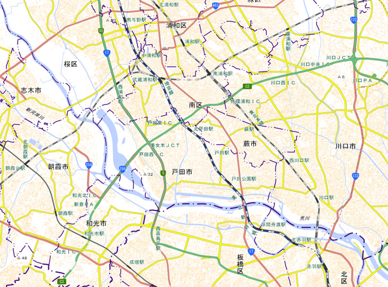 和光IC―川口JCTの周辺（国土地理院HPより）
