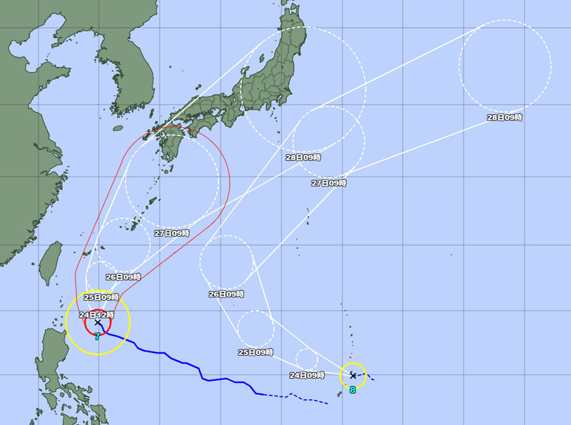 台風7号と熱帯低気圧の位置＝23日午後0時時点（気象庁より）