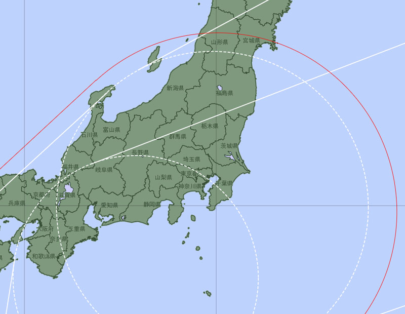 ダブル台風の予報円に入った埼玉など各自治体＝24日午前6時時点（気象庁より）