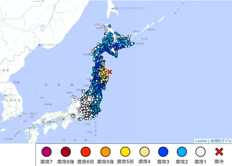 震度分布（列島全体）＝25日7時45分発表（気象庁より）