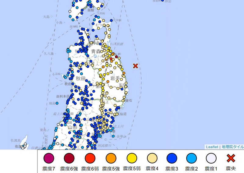 震度分布（震央周辺）＝25日7時45分発表（気象庁より）