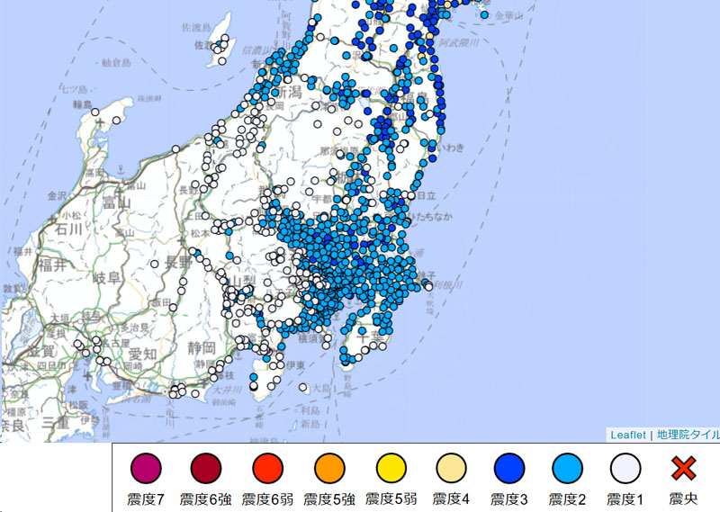 震度分布（関東周辺）＝25日7時45分発表（気象庁より）