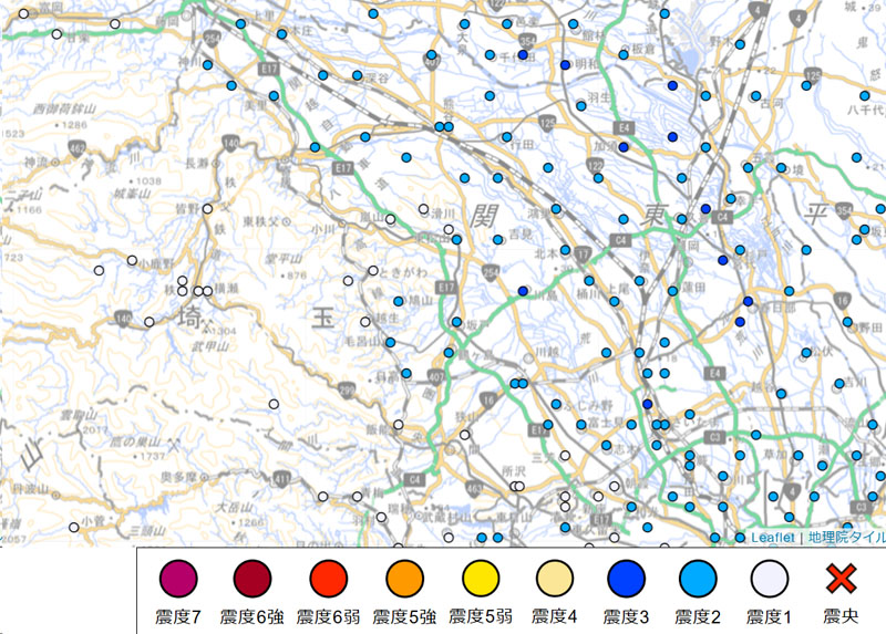 震度分布（埼玉県内）＝25日7時45分発表（気象庁より）