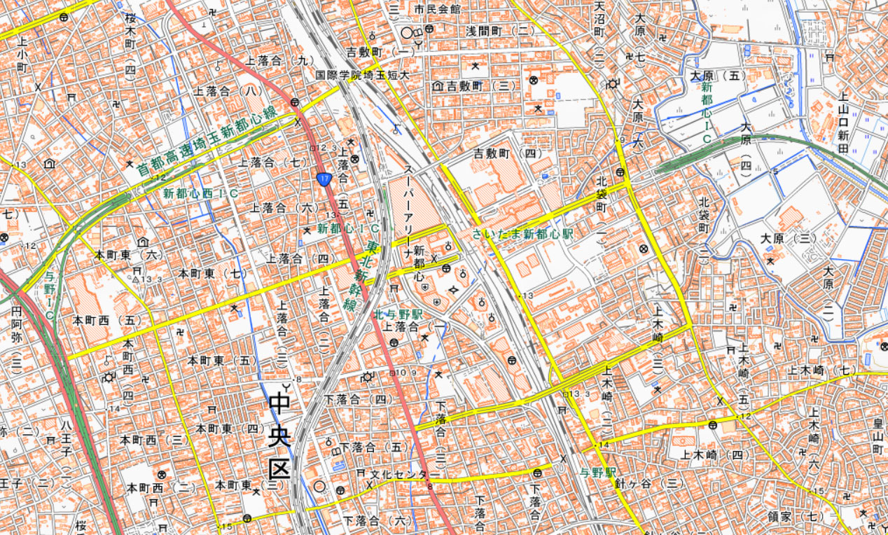 ロイヤルホストさいたま新都心周辺の地図（国土地理院HPより）