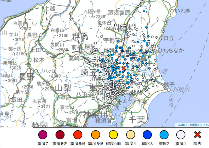 震度分布（地名入り関東周辺）＝26日午前11時52分時点（気象庁より）