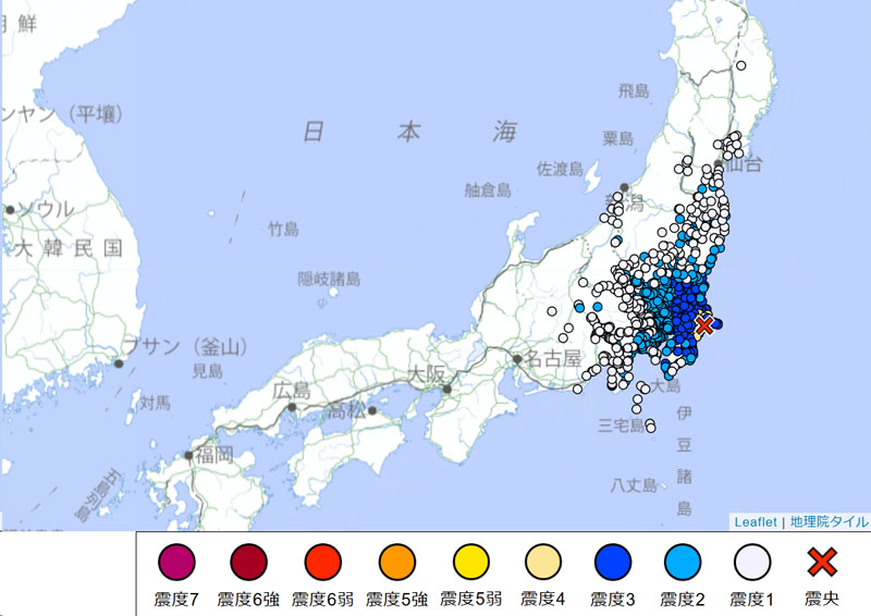 震度分布（関東含む広範囲）＝26日午後12時52分時点（気象庁より）