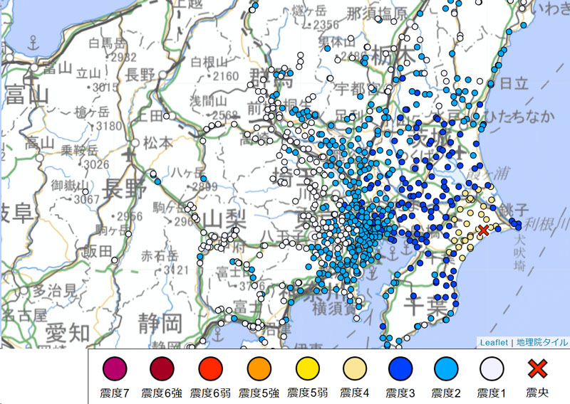 震度分布（地名入り関東周辺）＝26日午後12時52分時点（気象庁より）