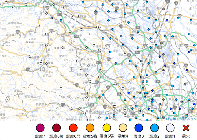 震度分布（埼玉県内）＝26日午後12時52分時点（気象庁より）