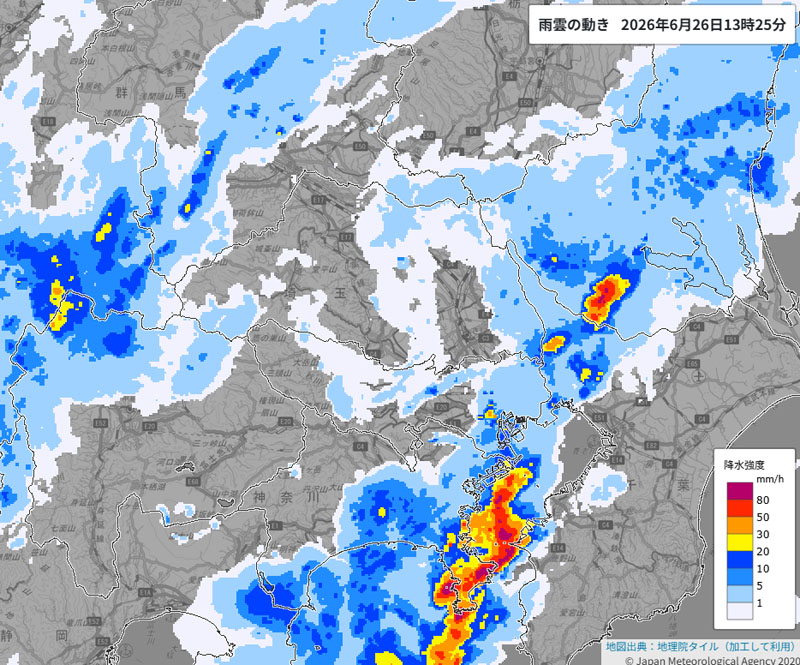 雨雲の状況＝26日午後1時25分時点（気象庁より）