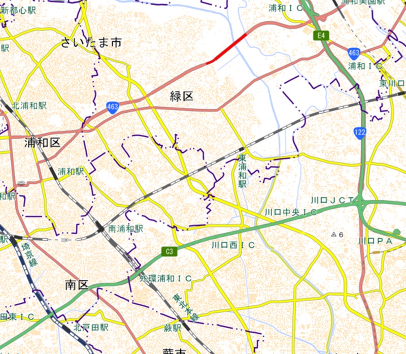 外環道川口西インターチェンジ周辺の地図（国土地理院のHP参照）