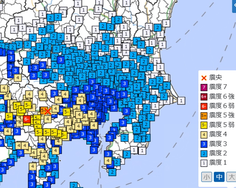 震度分布（埼玉県内）＝26日午後10時50分時点（気象庁より）