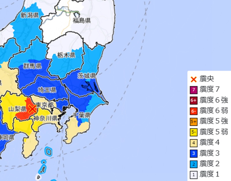 震度分布（関東含む広範囲）＝26日午後10時46分（気象庁より）