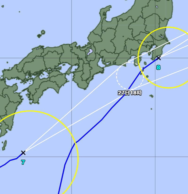 ダブル台風台風の進路予報午前6時ごろ（気象庁HPより）