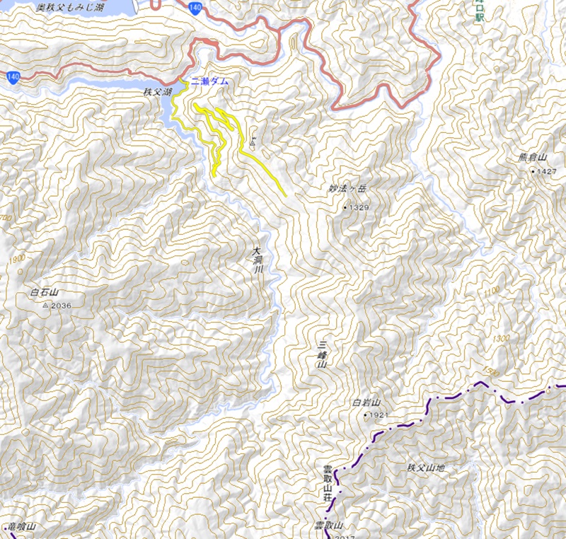 20260704秩父雲取三峰地域の地図（国土地理院HP参照）