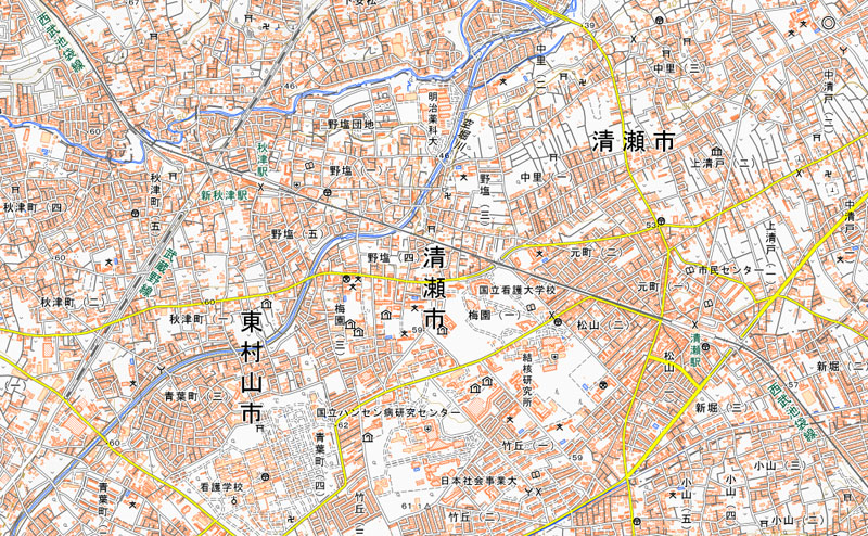 西武池袋線秋津駅、JR武蔵野線新秋津駅の周辺（国土地理院HPより）