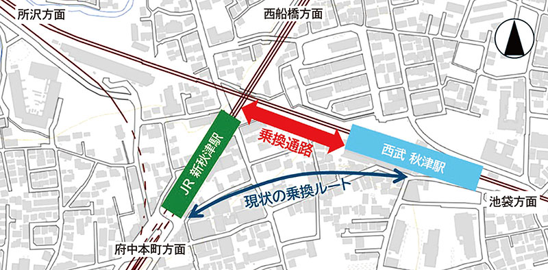 西武秋津駅とJR新秋津駅の乗り換え図（提供）