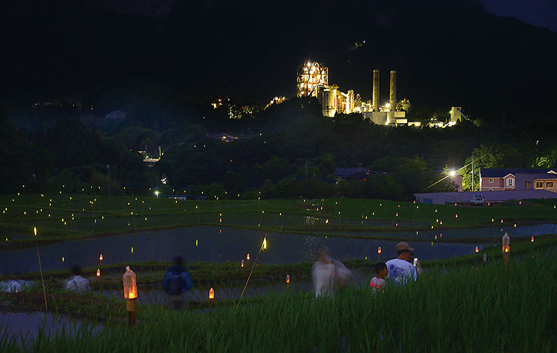 武甲山の麓で幻想的な空間に包まれた寺坂棚田＝4日午後7時半ごろ、横瀬町横瀬