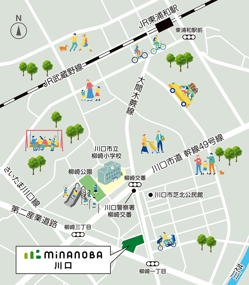 地域密着型の商業施設「minanoba川口」の施設周辺の地図（提供）