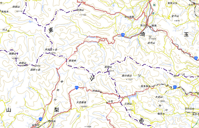 秩父市の雲取山周辺（国土地理院HPより）
