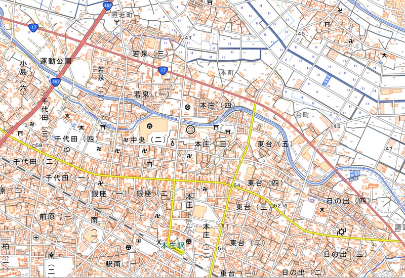 本庄市本庄3丁目周辺の地図（国土地理HPより）