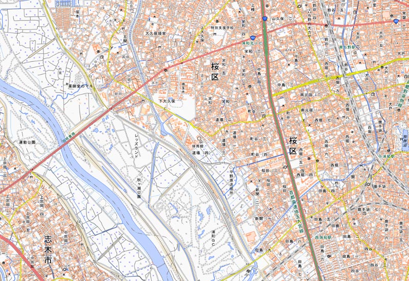 さいたま市桜区道場4丁目周辺の地図（国土地理院HPより）