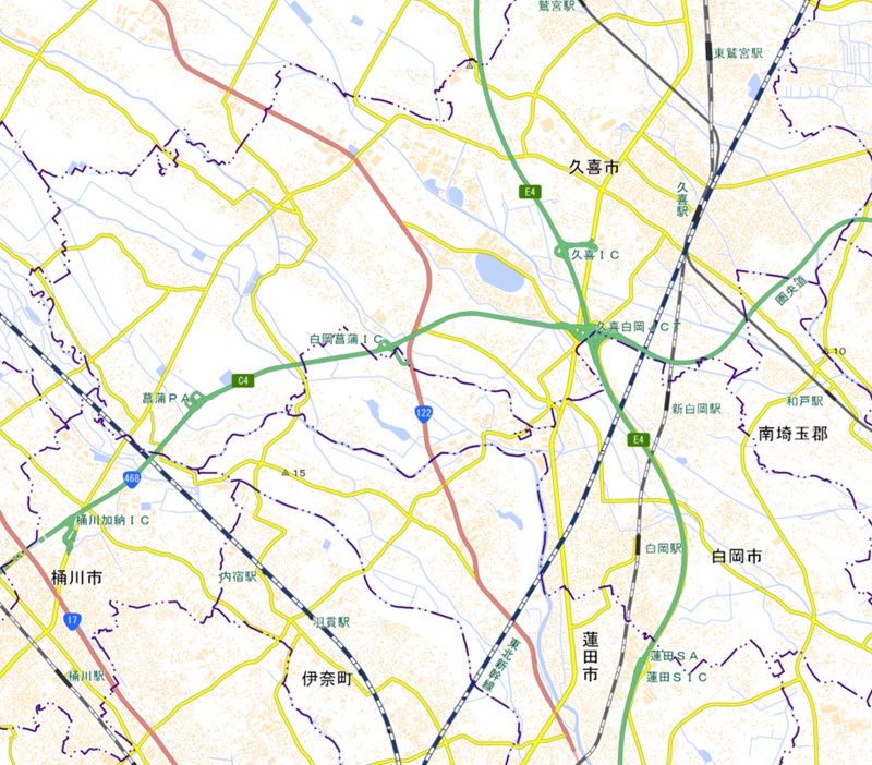 久喜白岡ジャンクション（JCT）―桶川加納（IC）周辺の地図（国土地理院のHP参照）